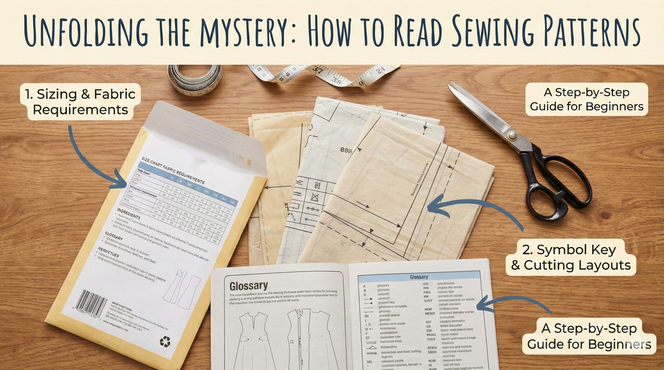 A comprehensive spread of sewing patterns, rotary cutters, and fabric on a cutting mat