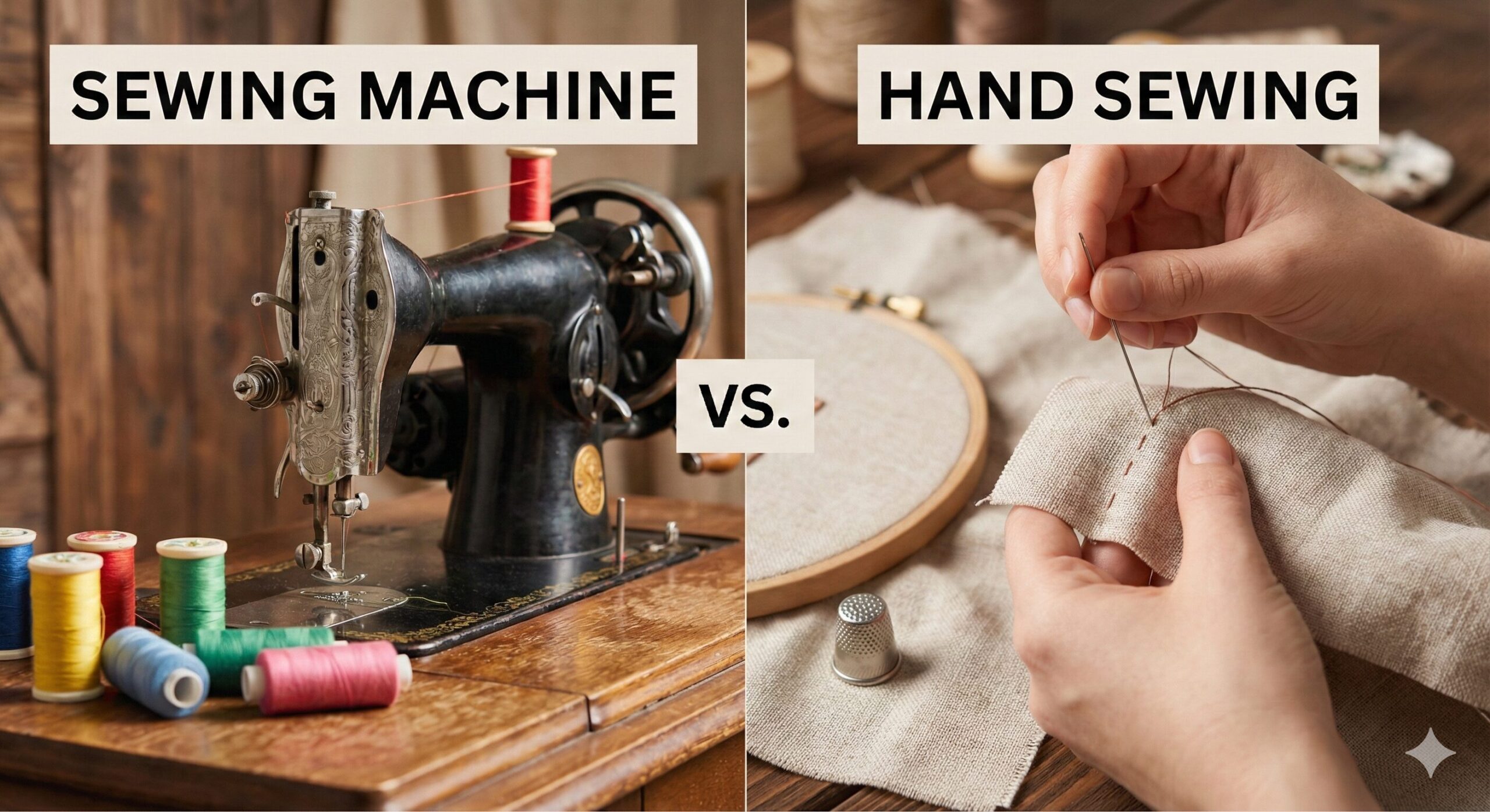Split screen image of a computerized sewing machine and hands using a needle and thread