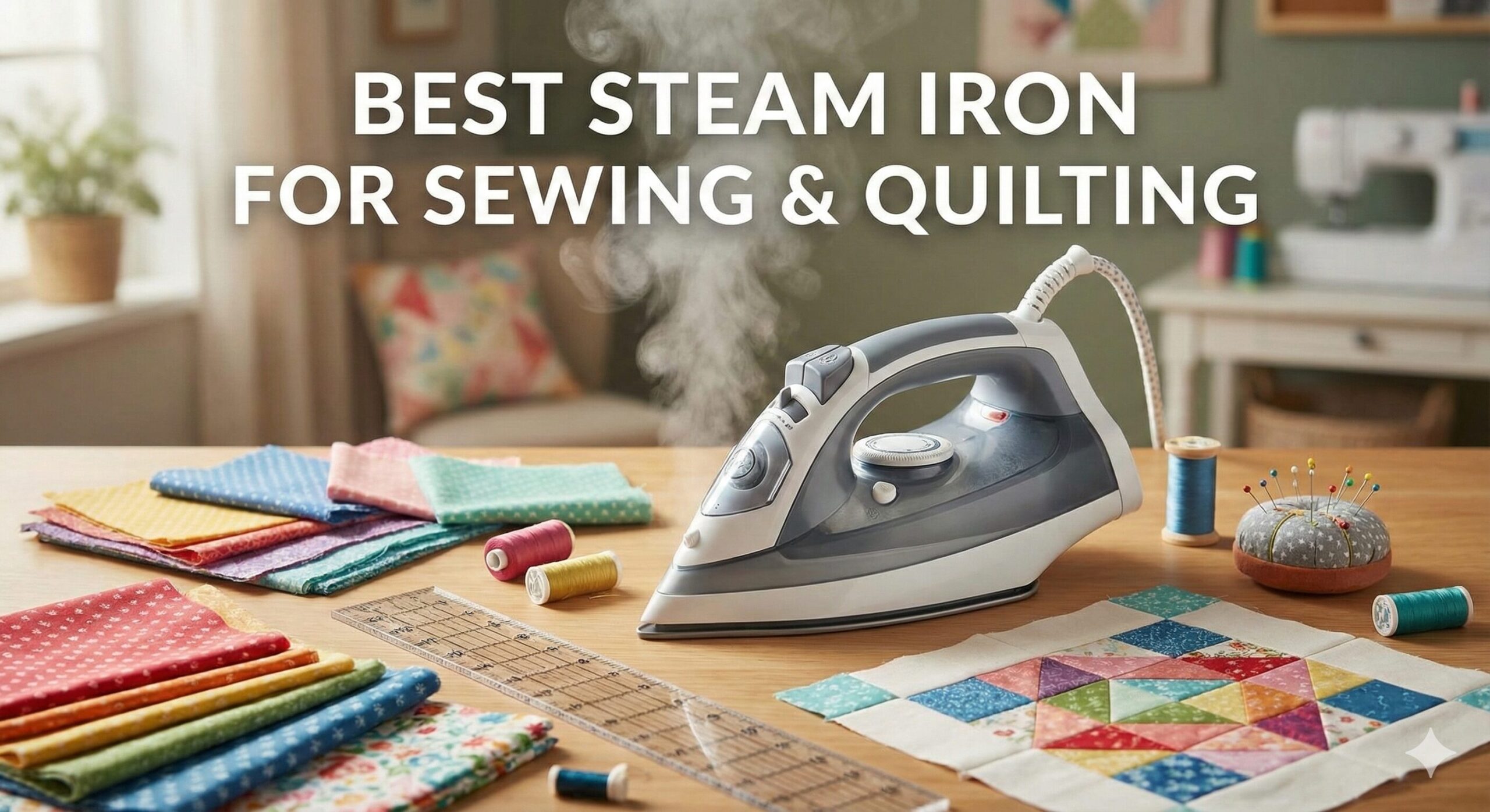 Professional steam iron pressing quilt fabric on an ironing board