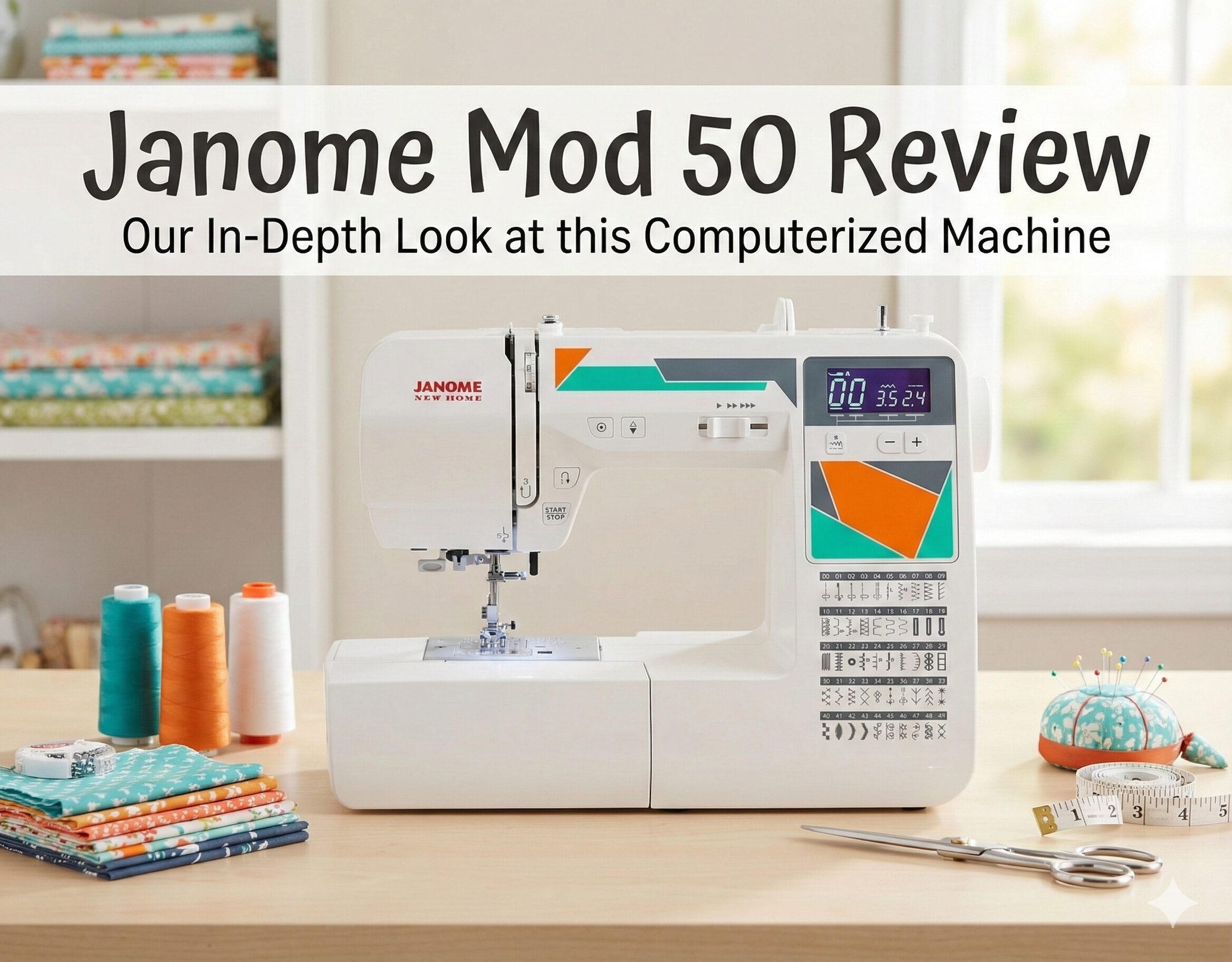 Janome MOD-50 Computerized Sewing Machine setup on a white table