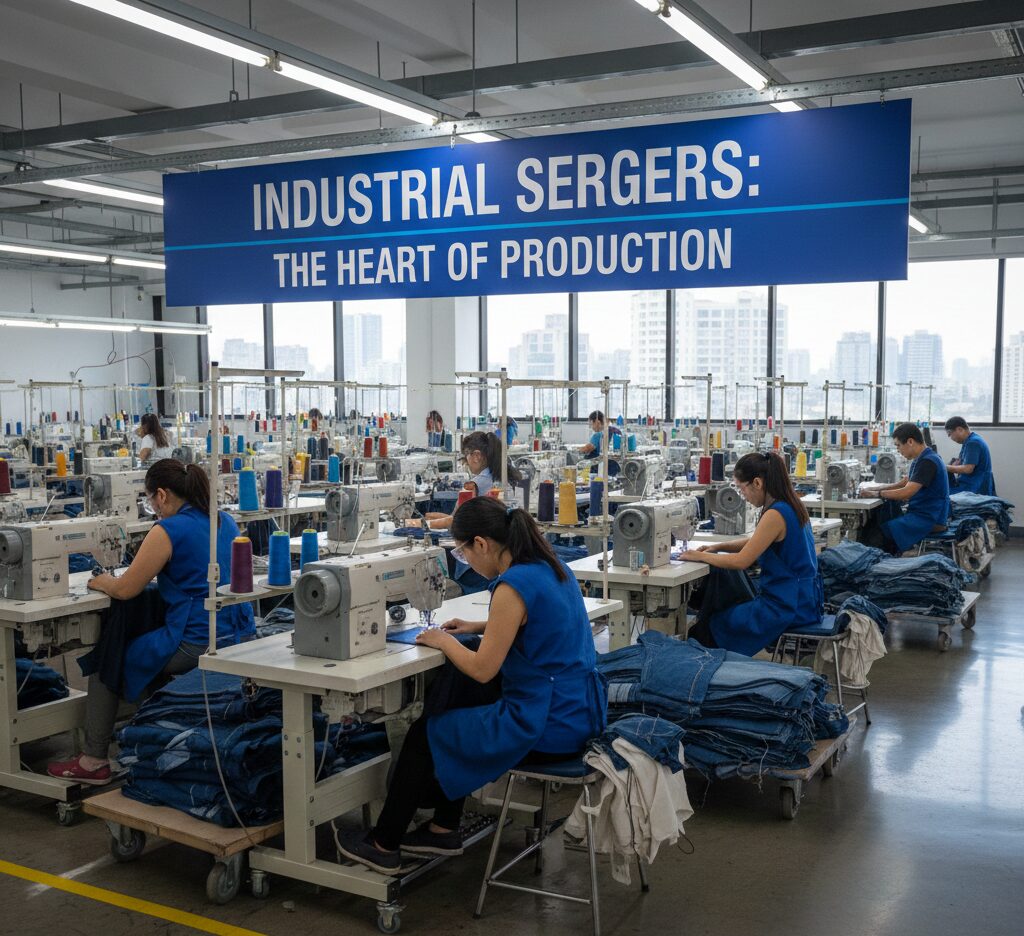 Industrial sergers in a garment factory setting